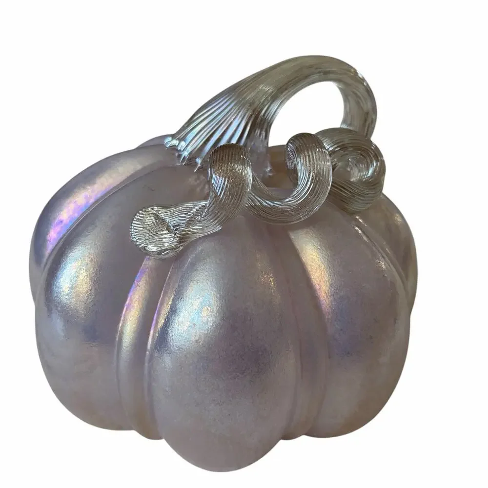Hand Blown Art Glass Pumpkin 6in Iridescent Pink Chic Fall Designer Decor NEW